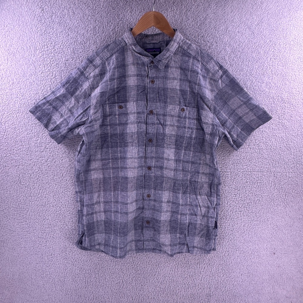 Patagonia Mens XL Grey Plaid Hemp Organic Cotton Short Sleeve Button Down Shirt